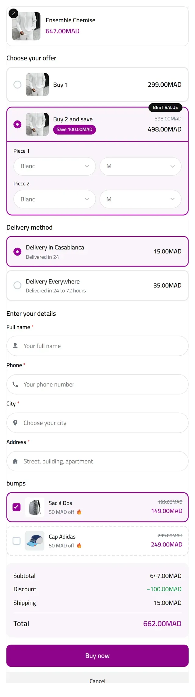 O formulário de pedido WooCodForm em uma página de produto: uma oferta por quantidade com cor e tamanho por peça, entrega por cidade, quatro campos e um botão