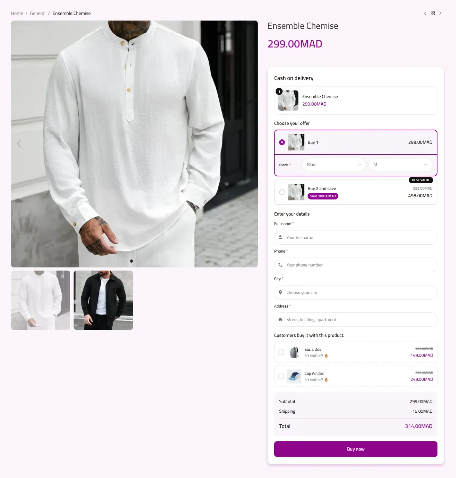 A product page for a shirt set. Next to the photo is the cash-on-delivery form: two offers, colour and size, name, phone, city, address, two extra products, the total and a Buy now button