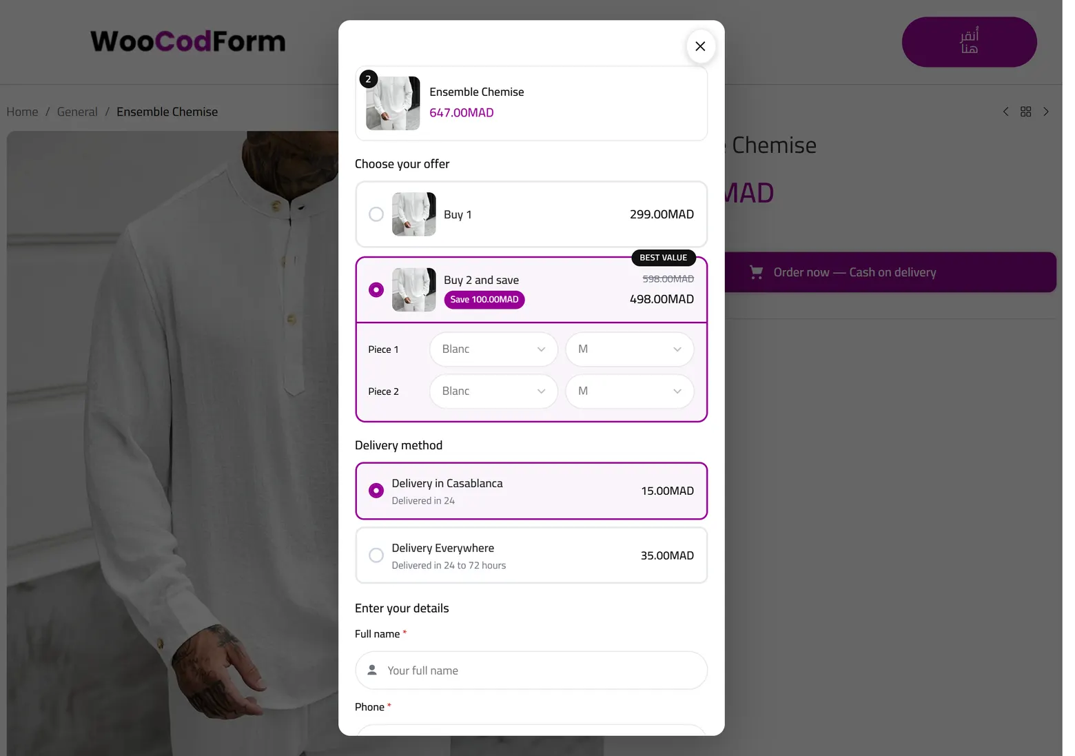 Uma página de produto em uma loja real: a foto do produto à esquerda e, à direita, o formulário de pagamento na entrega com uma oferta por quantidade, uma opção de entrega, nome, telefone, cidade e endereço, um produto adicional marcado e o total